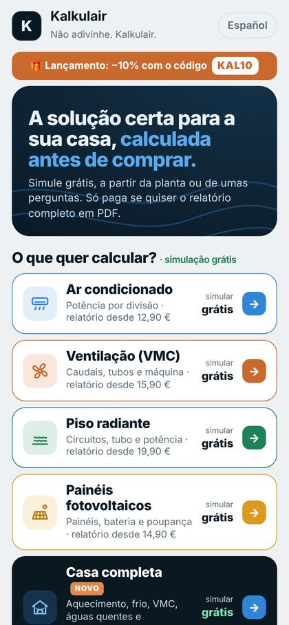 Página inicial da Kalkulair com as áreas a calcular