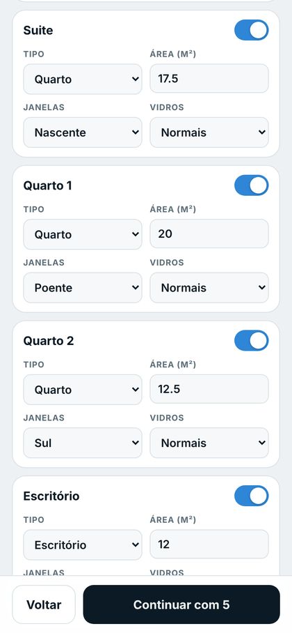 Divisões lidas da planta, com tipo e área de cada uma